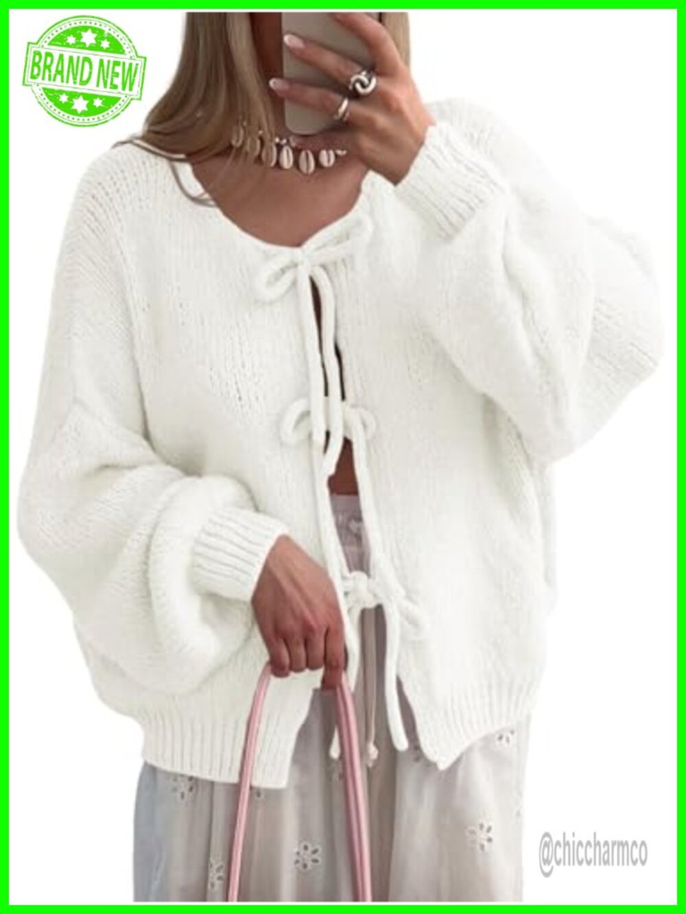 Oversized Tie Front Cardigan Bow Sweater Drop Shoulder Loose Knit